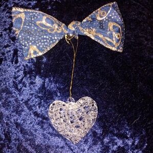 Festive Blue and Gold Bow Ornament with Hand Blown Glass Heart.